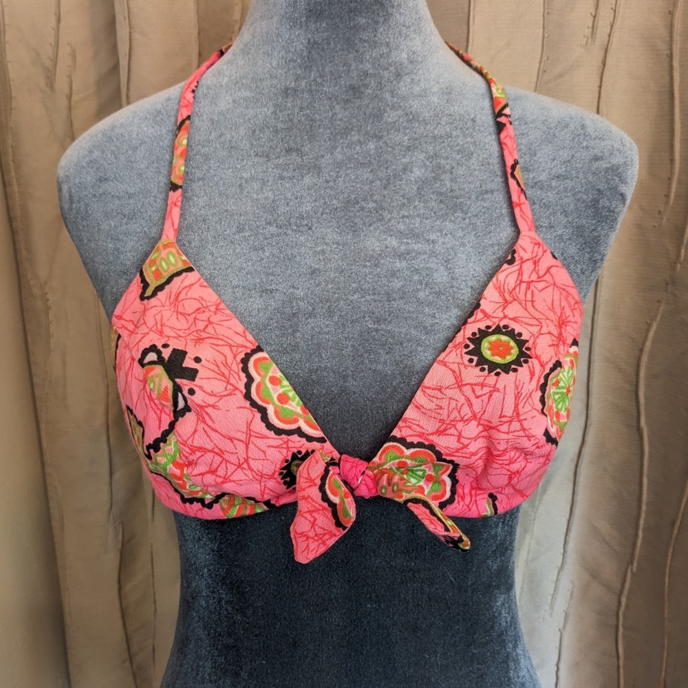 Vintage 60s 70s Mod Barkcloth Bikini Top S Pink Psychedelic Surfer Bathing Suit